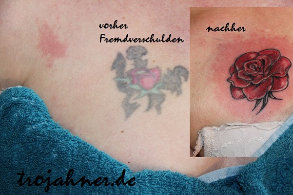 Überdeckung Fremdtattoo Cover up mit Rose - die Überdeckung des Alttattoos erfolgte so klein wie möglich! Bild Fragen und Antworten