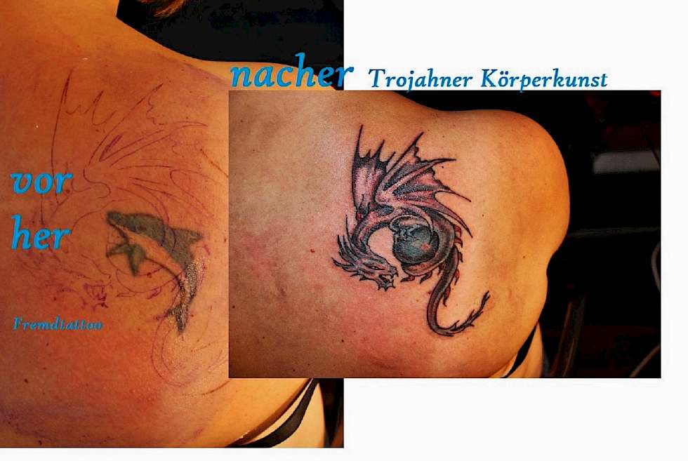 Cover up Tattoo von Fremdtattoo mit Drachen - so klein wie möglich! Bild Überdeckung Cover up Tattoo Dresden Tattoostudio