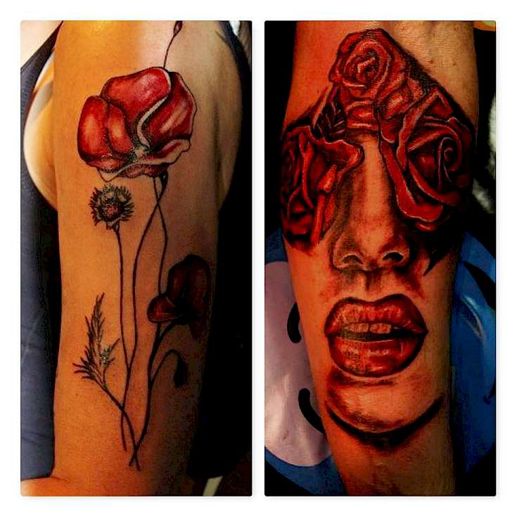 Bild Gesicht Rose Mohnblume Tattoo