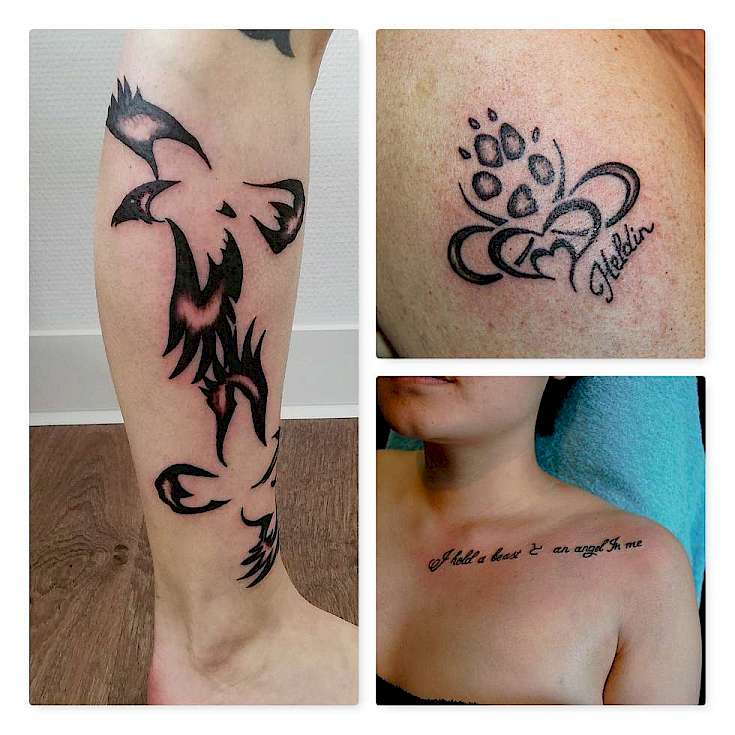Bild Tribal Raben Schriftzug Schlüsselbein Tattoo Pfötchen