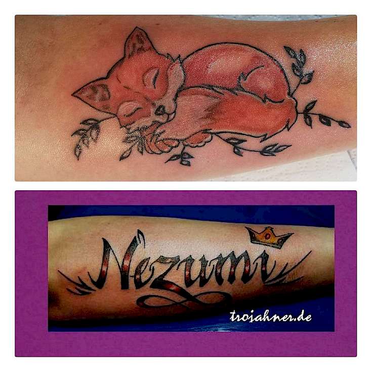 Bild Fuchs Comic Farb Tattoo Schriftzug Schrift